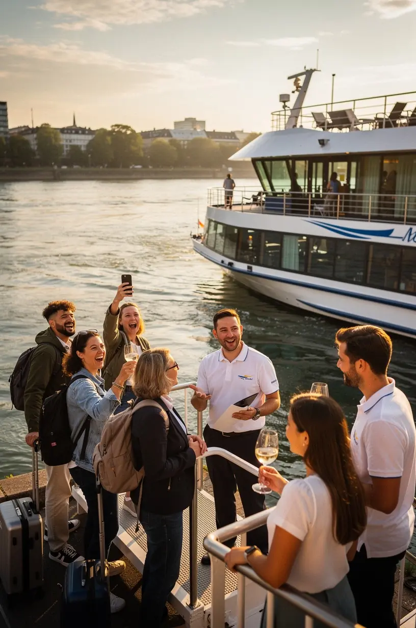 Mitarbeiterin präsentiert individuelle Reisepakete für eine Flusskreuzfahrt entlang des Rheins.