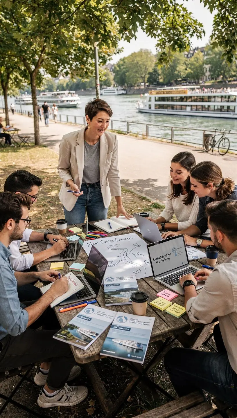 Kunden am Informationsstand eines Flusskreuzfahrt-Buchungszentrums mit modernen digitalen Displays.