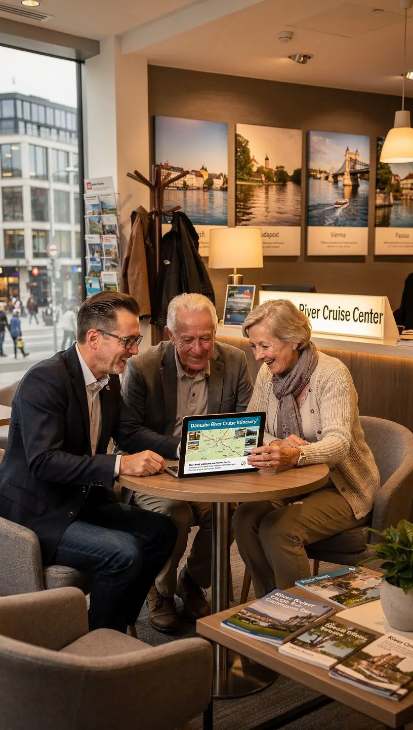 Übersichtstafel mit Routenoptionen und Serviceleistungen in einem deutschen Flusskreuzfahrt-Beratungszentrum.