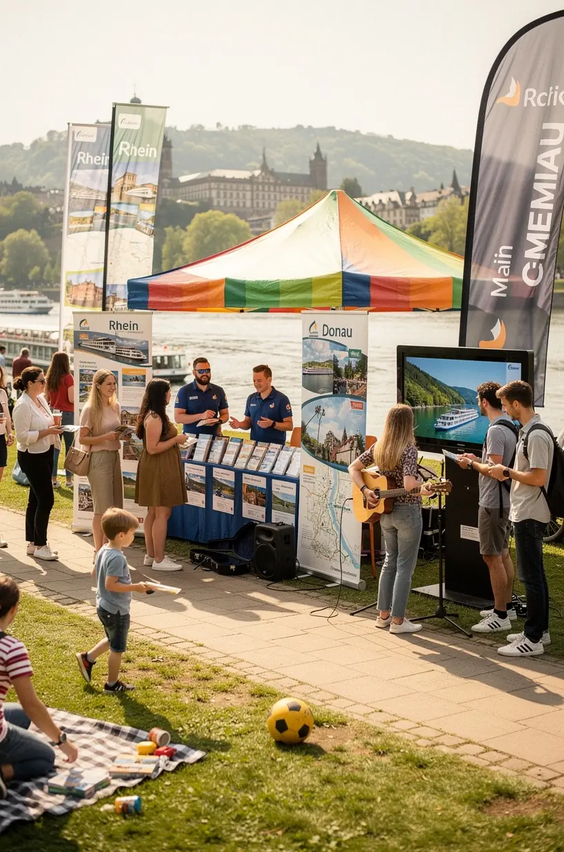 Beratungsgespräch in einem Flusskreuzfahrt-Koordinationszentrum mit Blick auf Karten und Reiseführer.